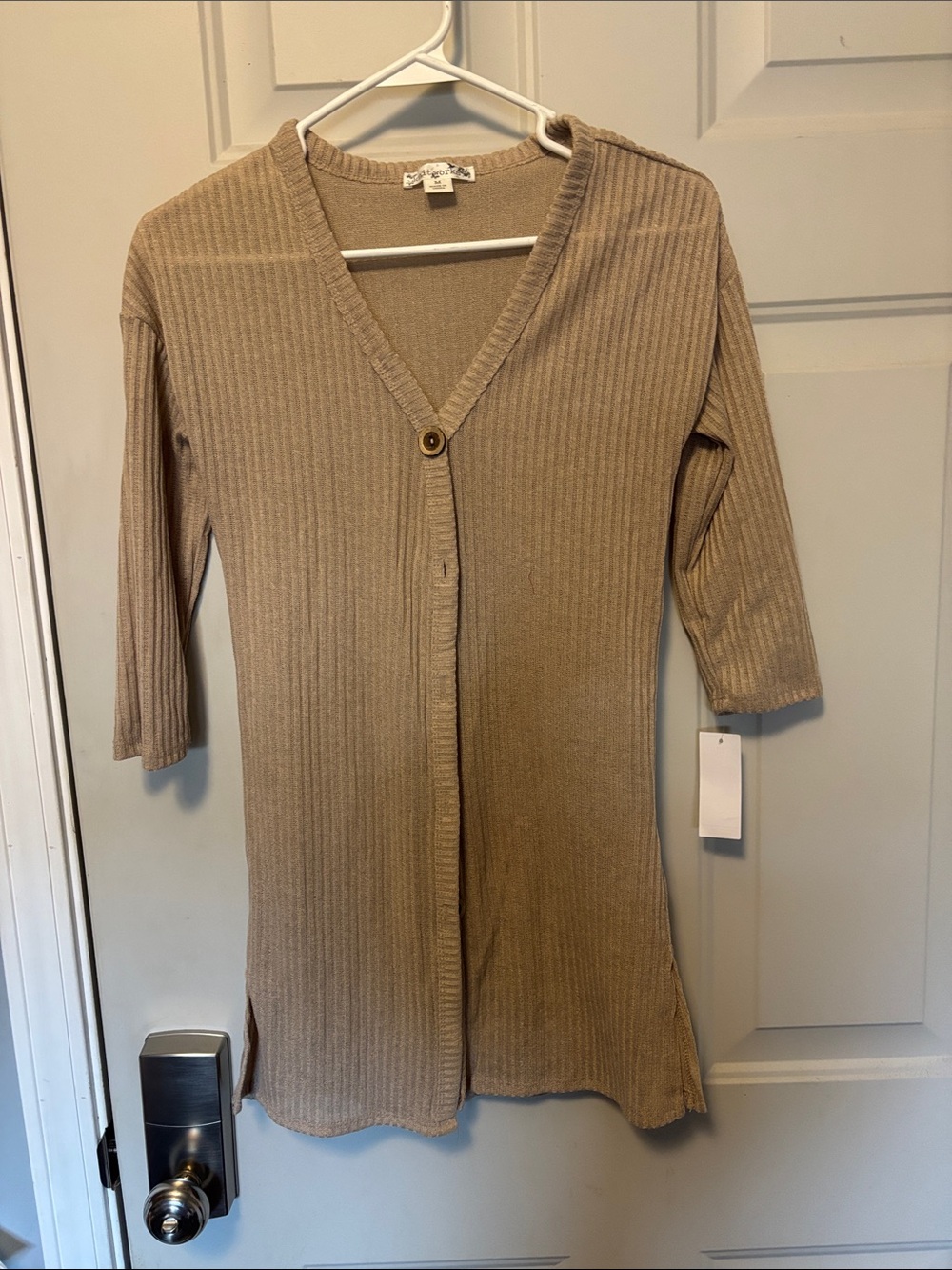 Knitworks Tan Ribbed V-Neck Longline Sweater Cardigan